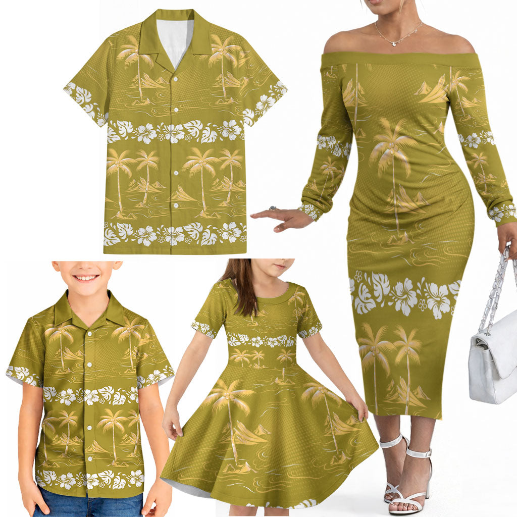 Yellow Hawaii Palm Tree Hibiscus Family Matching Off The Shoulder Long Sleeve Dress and Hawaiian Shirt Fantasy Summer Vibe