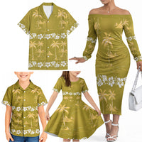 Yellow Hawaii Palm Tree Hibiscus Family Matching Off The Shoulder Long Sleeve Dress and Hawaiian Shirt Fantasy Summer Vibe