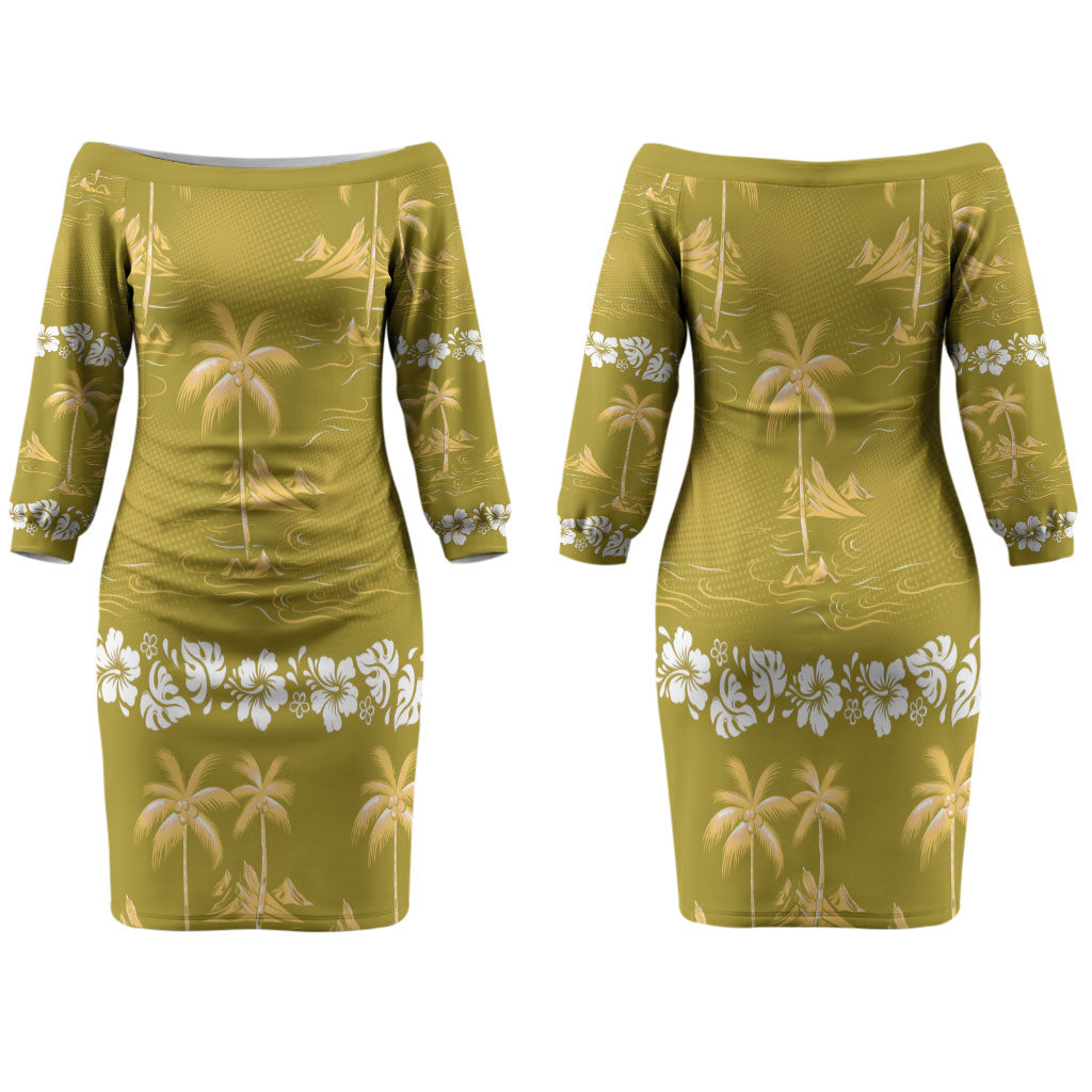 Yellow Hawaii Palm Tree Hibiscus Family Matching Off The Shoulder Long Sleeve Dress and Hawaiian Shirt Fantasy Summer Vibe
