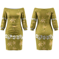 Yellow Hawaii Palm Tree Hibiscus Family Matching Off The Shoulder Long Sleeve Dress and Hawaiian Shirt Fantasy Summer Vibe