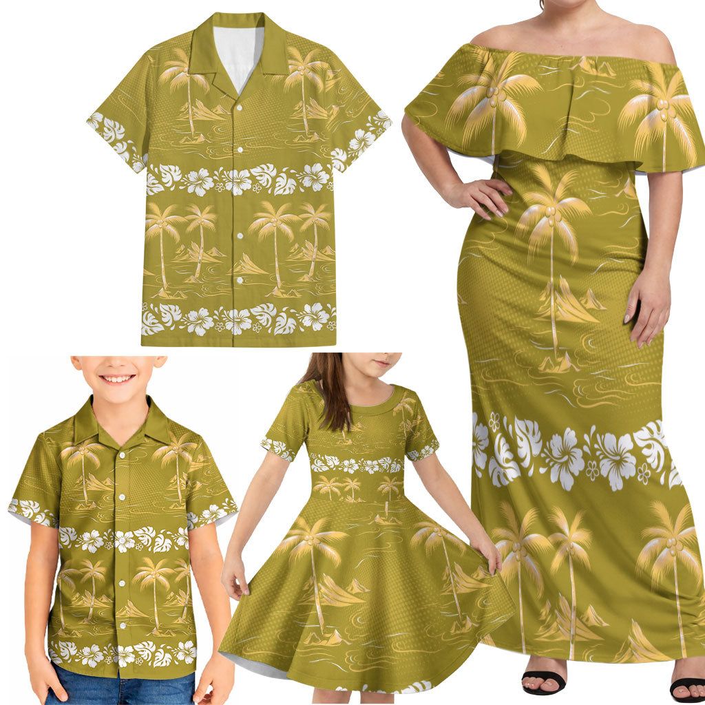 Yellow Hawaii Palm Tree Hibiscus Family Matching Off Shoulder Maxi Dress and Hawaiian Shirt Fantasy Summer Vibe
