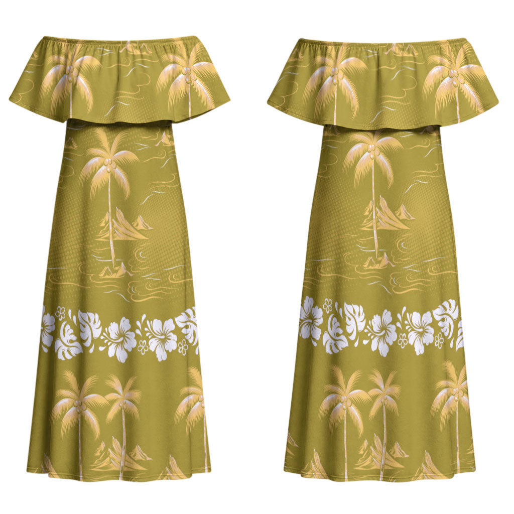 Yellow Hawaii Palm Tree Hibiscus Family Matching Off Shoulder Maxi Dress and Hawaiian Shirt Fantasy Summer Vibe