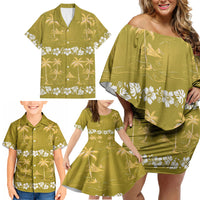 Yellow Hawaii Palm Tree Hibiscus Family Matching Off Shoulder Short Dress and Hawaiian Shirt Fantasy Summer Vibe