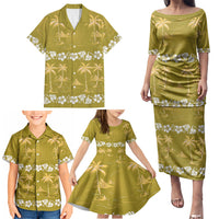 Yellow Hawaii Palm Tree Hibiscus Family Matching Puletasi and Hawaiian Shirt Fantasy Summer Vibe