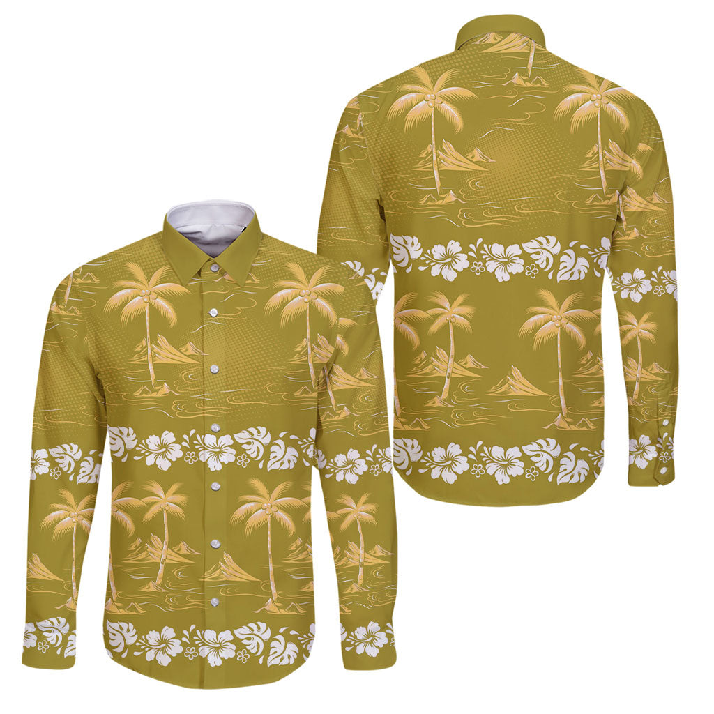 Yellow Hawaii Palm Tree Hibiscus Family Matching Puletasi and Hawaiian Shirt Fantasy Summer Vibe
