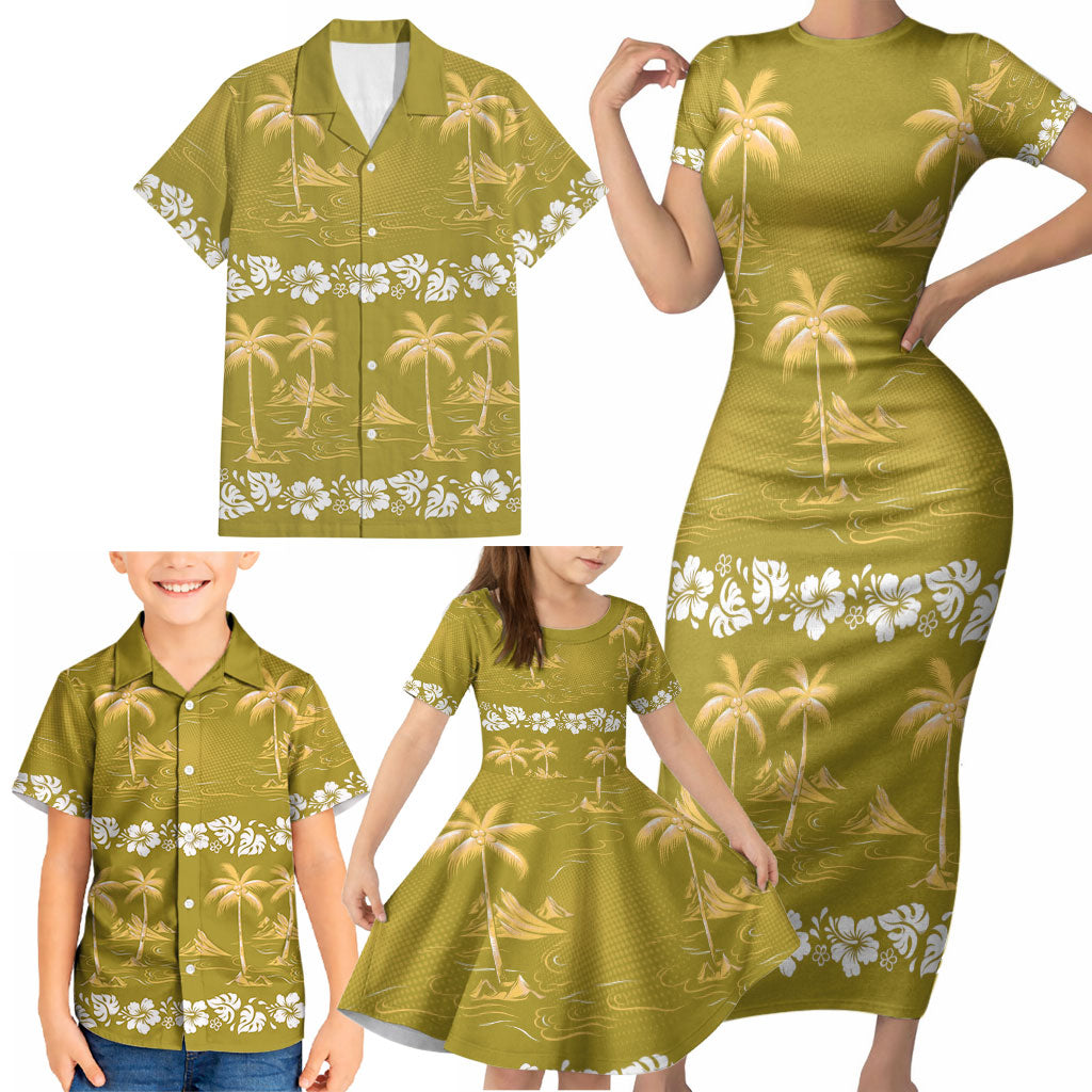 Yellow Hawaii Palm Tree Hibiscus Family Matching Short Sleeve Bodycon Dress and Hawaiian Shirt Fantasy Summer Vibe