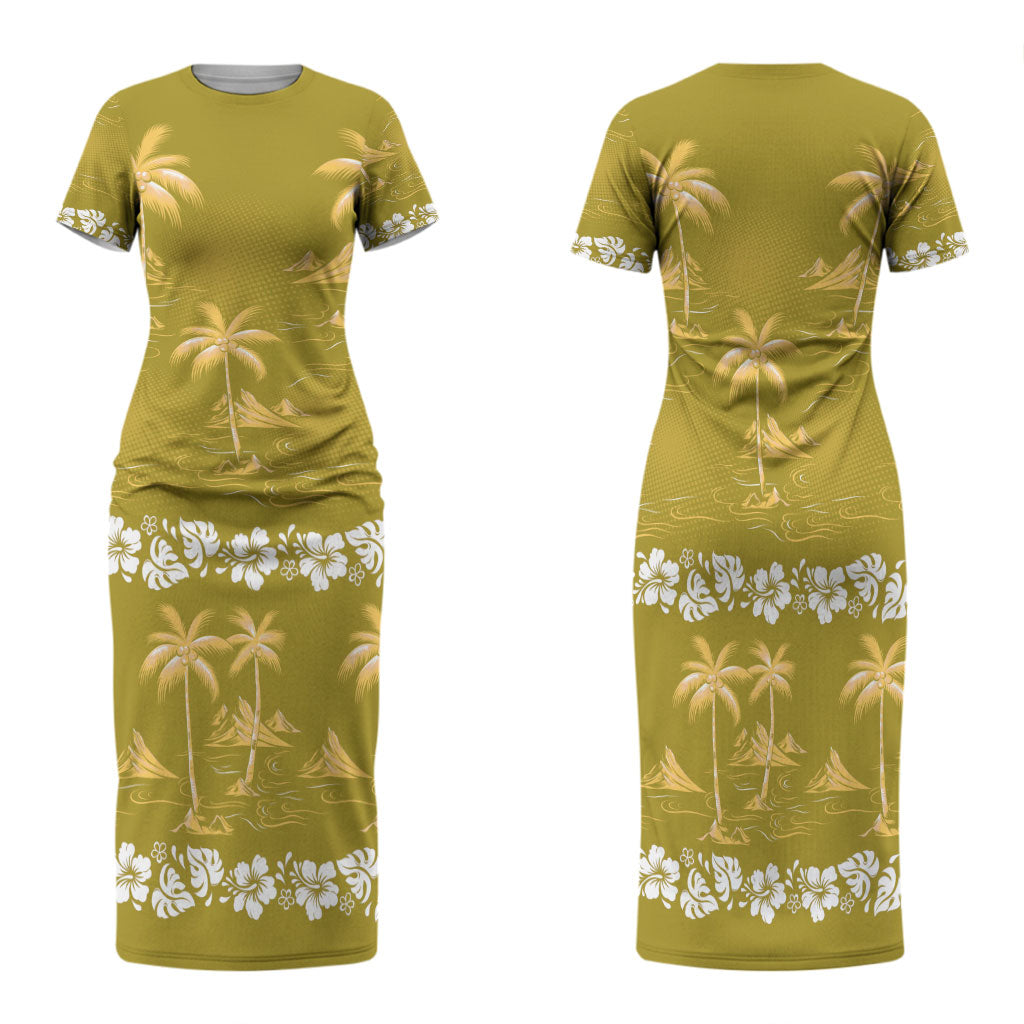 Yellow Hawaii Palm Tree Hibiscus Family Matching Short Sleeve Bodycon Dress and Hawaiian Shirt Fantasy Summer Vibe