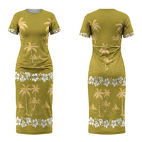 Yellow Hawaii Palm Tree Hibiscus Family Matching Short Sleeve Bodycon Dress and Hawaiian Shirt Fantasy Summer Vibe