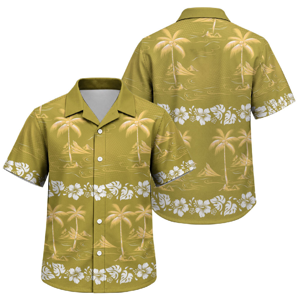 Yellow Hawaii Palm Tree Hibiscus Family Matching Short Sleeve Bodycon Dress and Hawaiian Shirt Fantasy Summer Vibe
