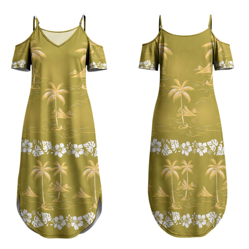 Yellow Hawaii Palm Tree Hibiscus Family Matching Summer Maxi Dress and Hawaiian Shirt Fantasy Summer Vibe