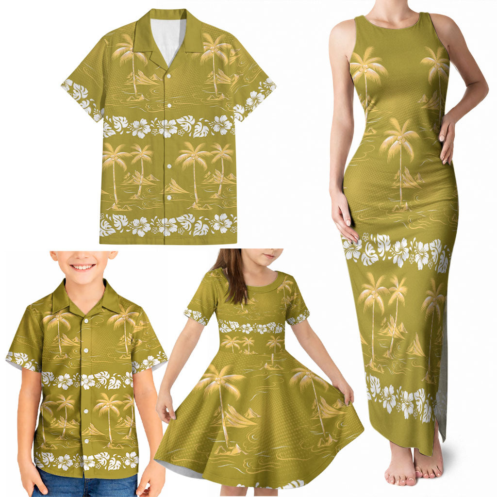 Yellow Hawaii Palm Tree Hibiscus Family Matching Tank Maxi Dress and Hawaiian Shirt Fantasy Summer Vibe