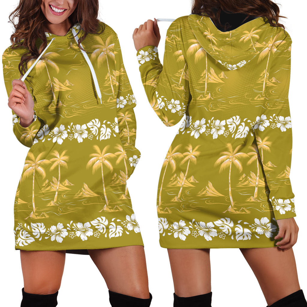 Yellow Hawaii Palm Tree Hibiscus Hoodie Dress Fantasy Summer Vibe