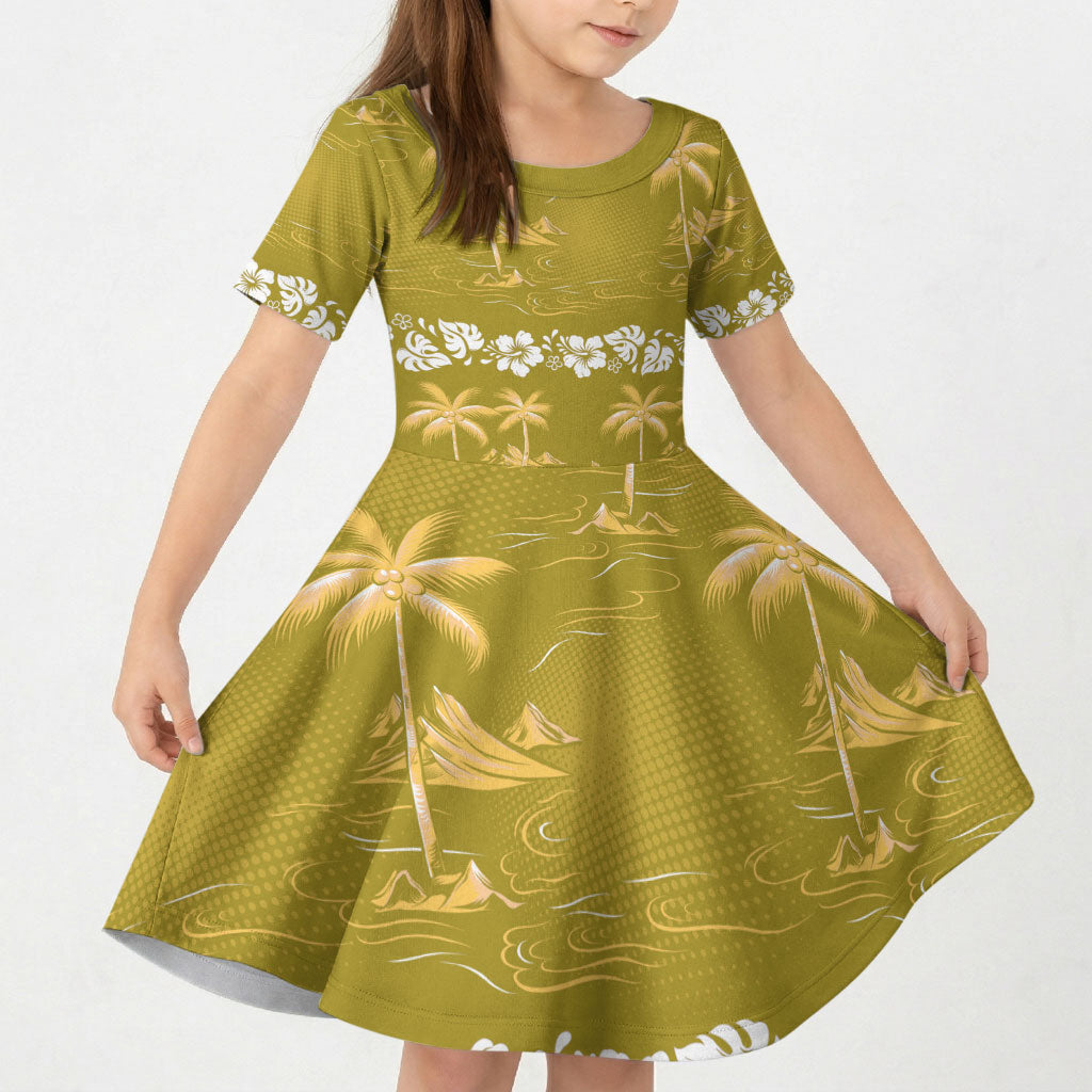 Yellow Hawaii Palm Tree Hibiscus Kid Short Sleeve Dress Fantasy Summer Vibe