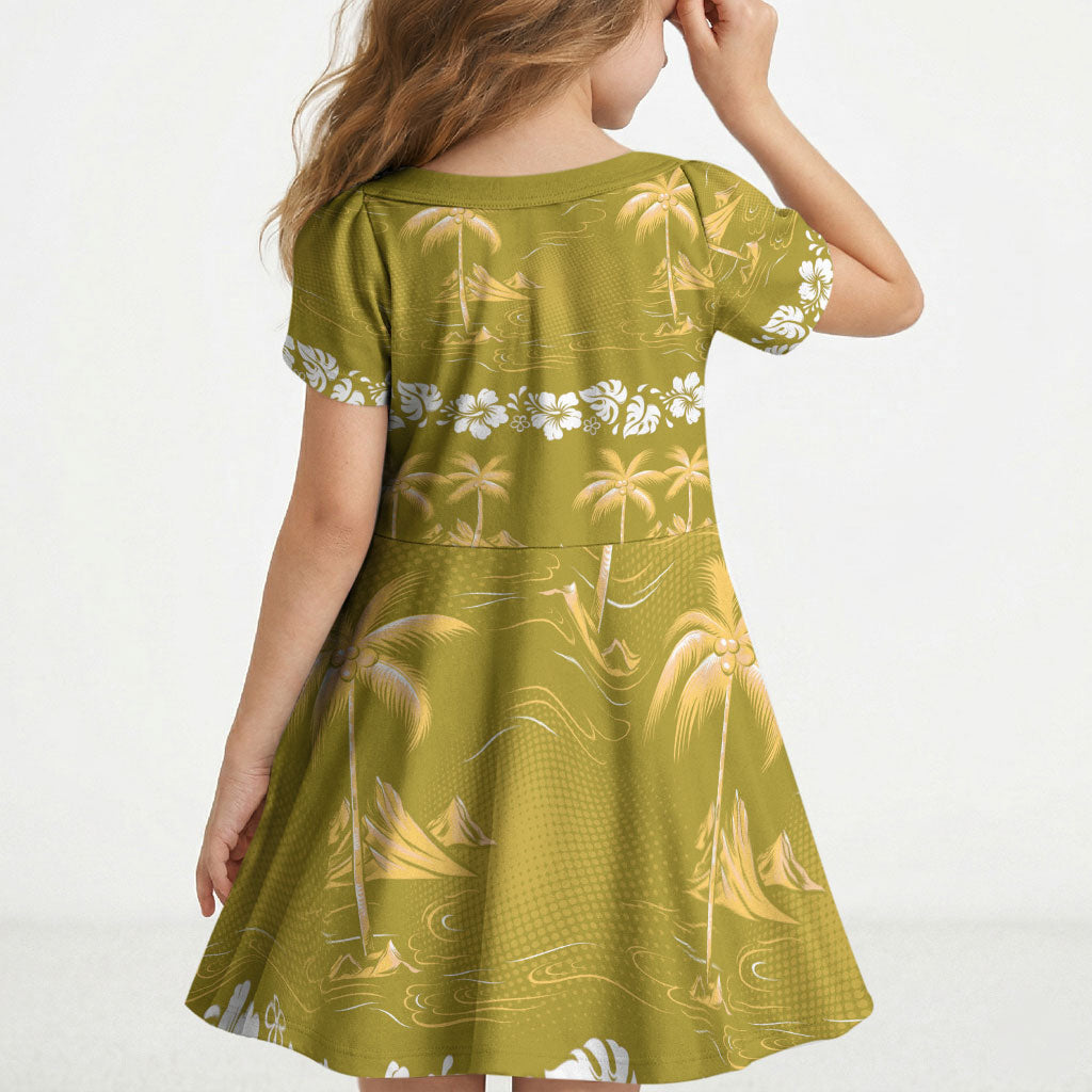 Yellow Hawaii Palm Tree Hibiscus Kid Short Sleeve Dress Fantasy Summer Vibe