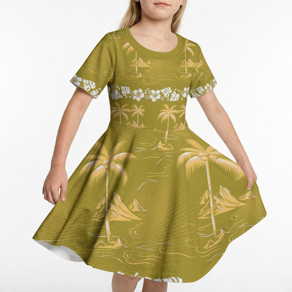 Yellow Hawaii Palm Tree Hibiscus Kid Short Sleeve Dress Fantasy Summer Vibe