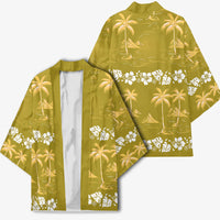 Yellow Hawaii Palm Tree Hibiscus Kimono Fantasy Summer Vibe