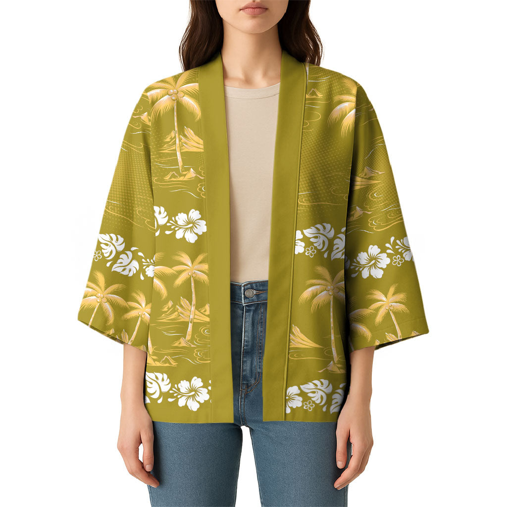 Yellow Hawaii Palm Tree Hibiscus Kimono Fantasy Summer Vibe