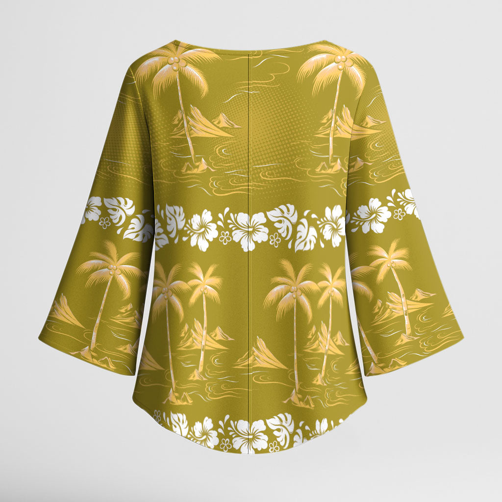 Yellow Hawaii Palm Tree Hibiscus Kimono Sleeve Blouse Fantasy Summer Vibe