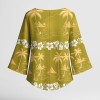 Yellow Hawaii Palm Tree Hibiscus Kimono Sleeve Blouse Fantasy Summer Vibe