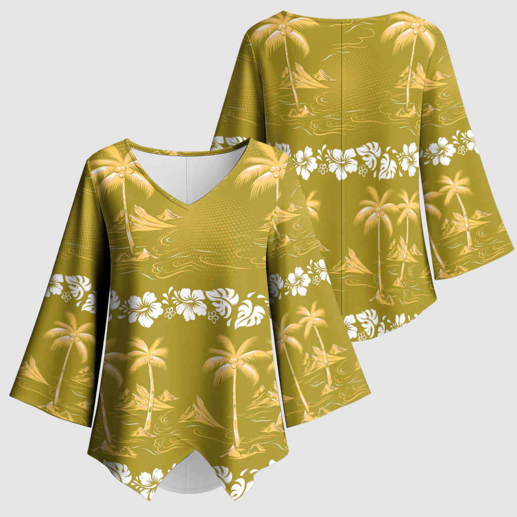 Yellow Hawaii Palm Tree Hibiscus Kimono Sleeve Blouse Fantasy Summer Vibe