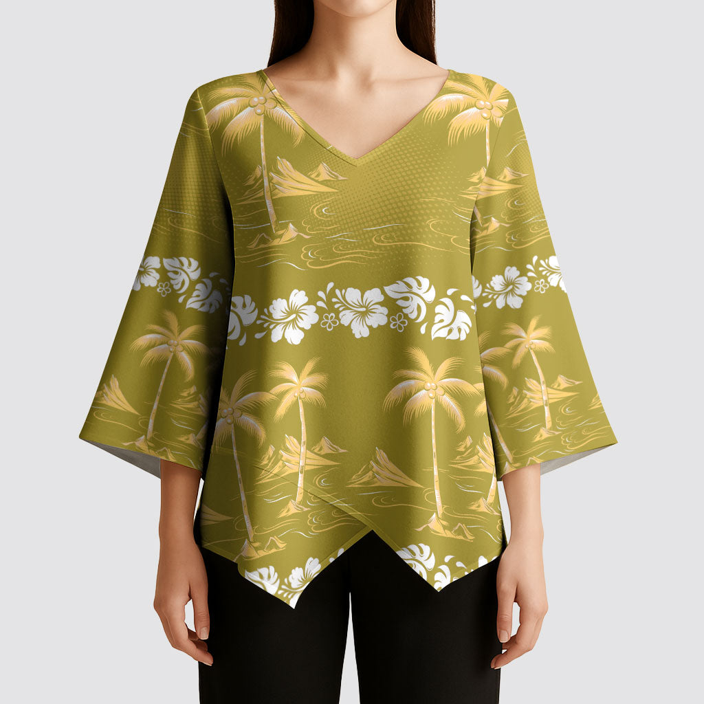 Yellow Hawaii Palm Tree Hibiscus Kimono Sleeve Blouse Fantasy Summer Vibe