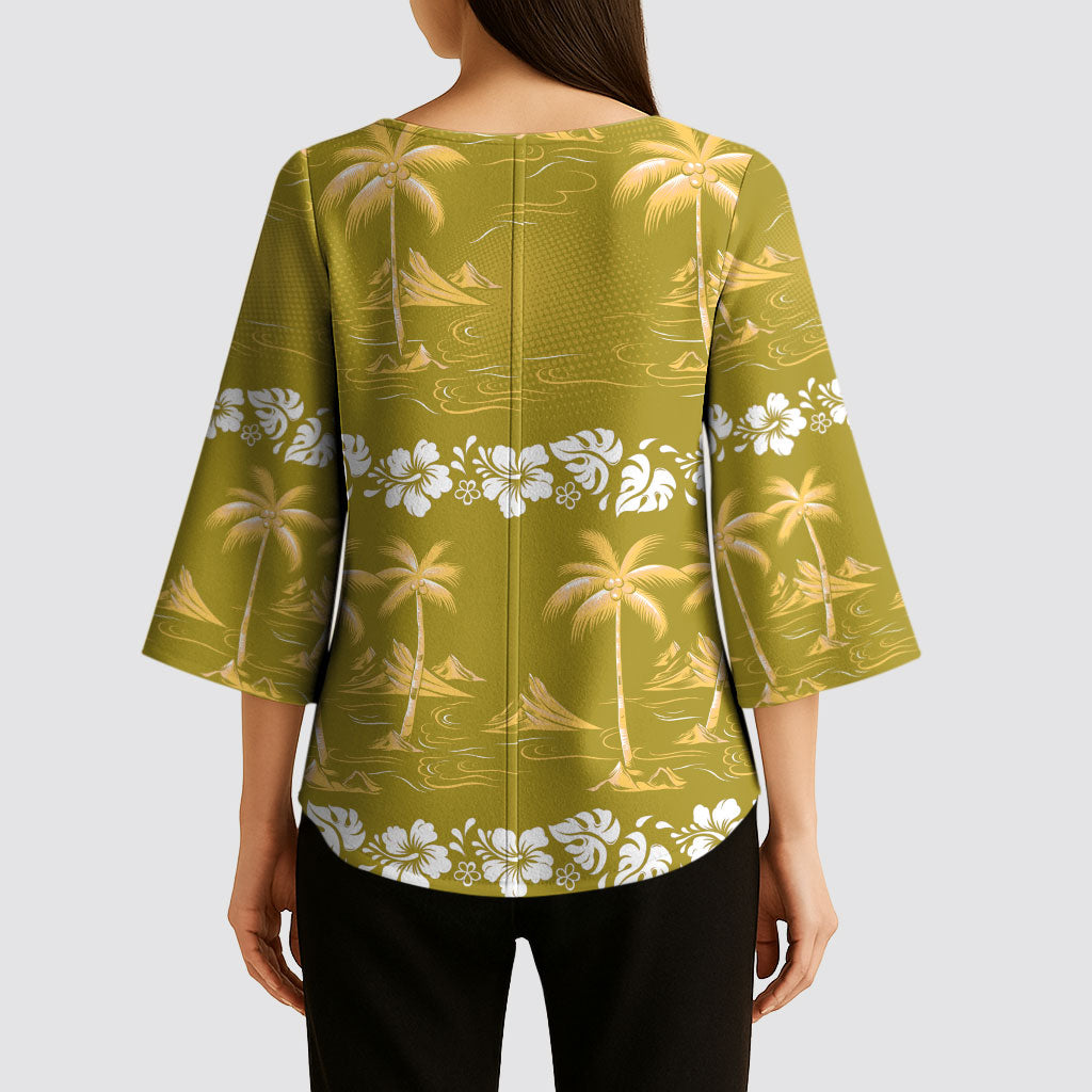 Yellow Hawaii Palm Tree Hibiscus Kimono Sleeve Blouse Fantasy Summer Vibe