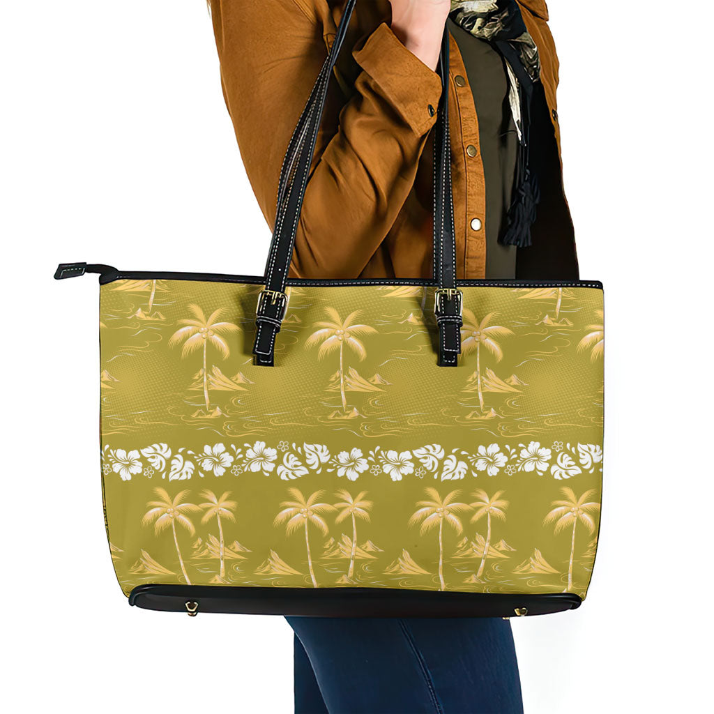 Yellow Hawaii Palm Tree Hibiscus Leather Tote Bag Fantasy Summer Vibe