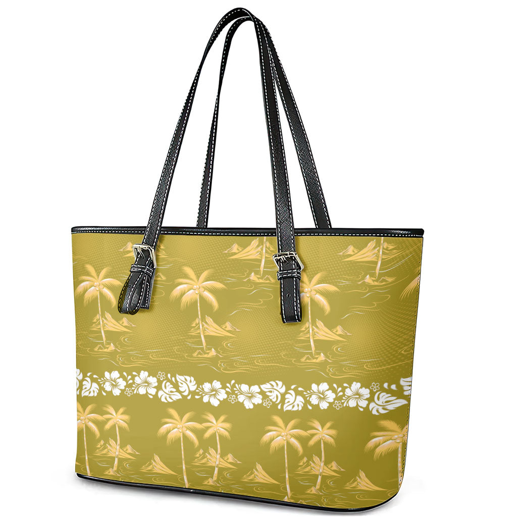 Yellow Hawaii Palm Tree Hibiscus Leather Tote Bag Fantasy Summer Vibe