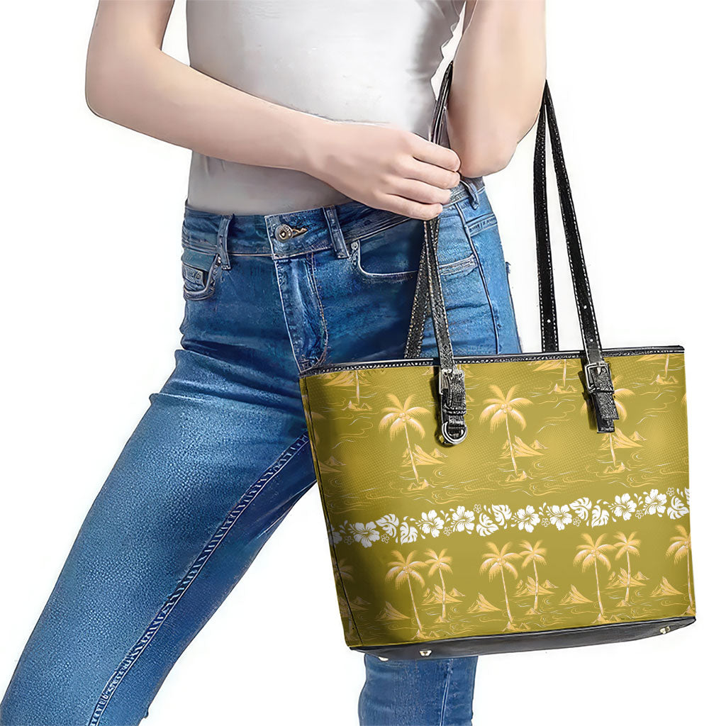 Yellow Hawaii Palm Tree Hibiscus Leather Tote Bag Fantasy Summer Vibe