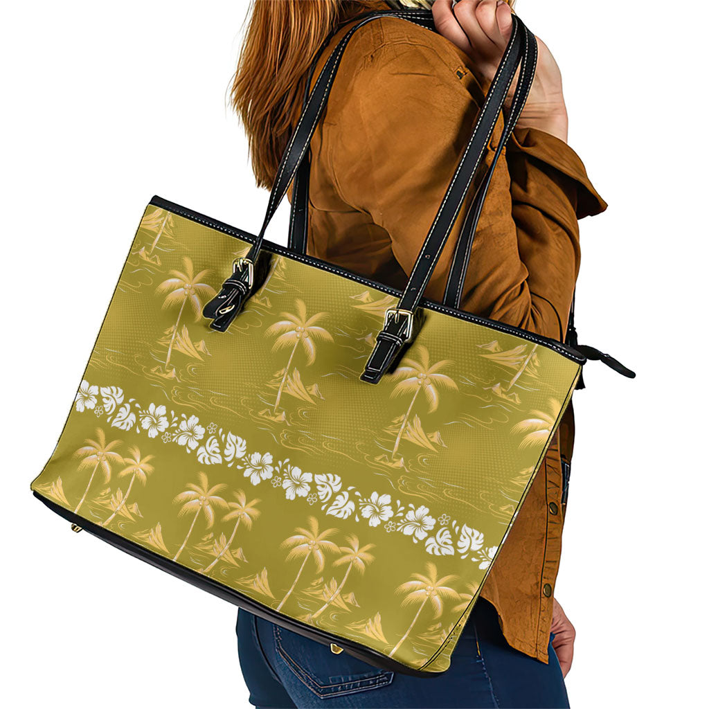 Yellow Hawaii Palm Tree Hibiscus Leather Tote Bag Fantasy Summer Vibe
