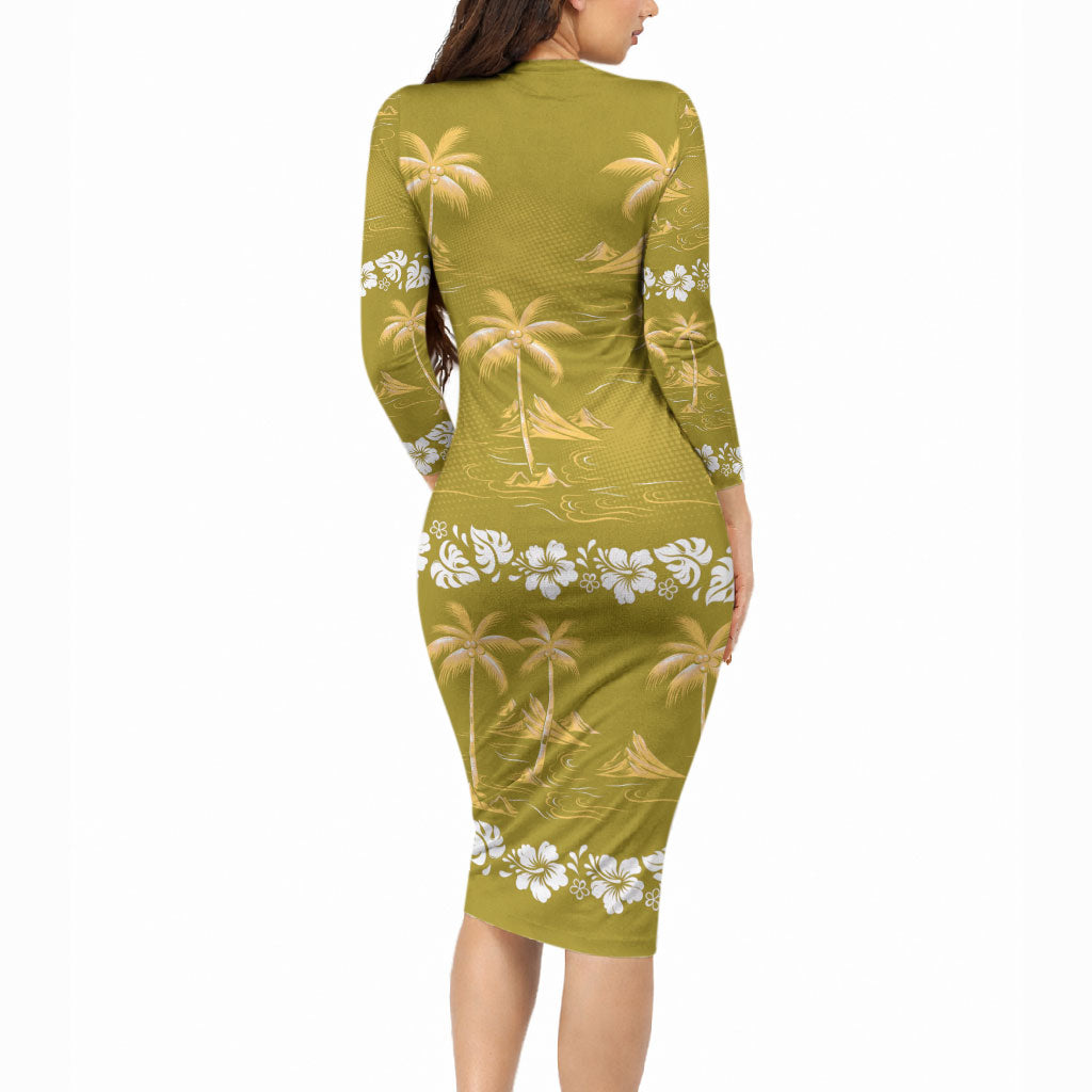 Yellow Hawaii Palm Tree Hibiscus Long Sleeve Bodycon Dress Fantasy Summer Vibe