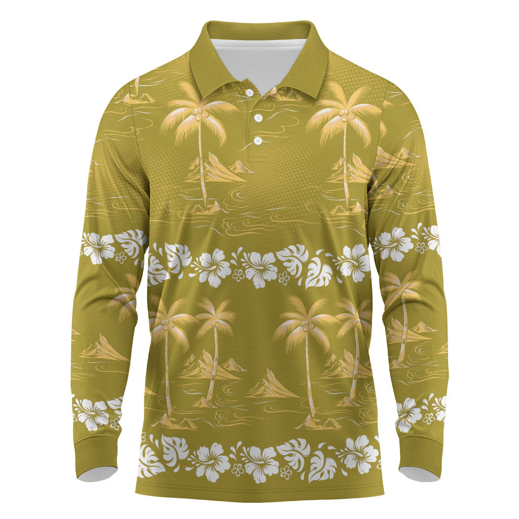 Yellow Hawaii Palm Tree Hibiscus Long Sleeve Polo Shirt Fantasy Summer Vibe
