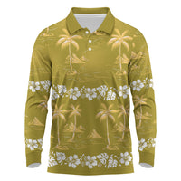 Yellow Hawaii Palm Tree Hibiscus Long Sleeve Polo Shirt Fantasy Summer Vibe
