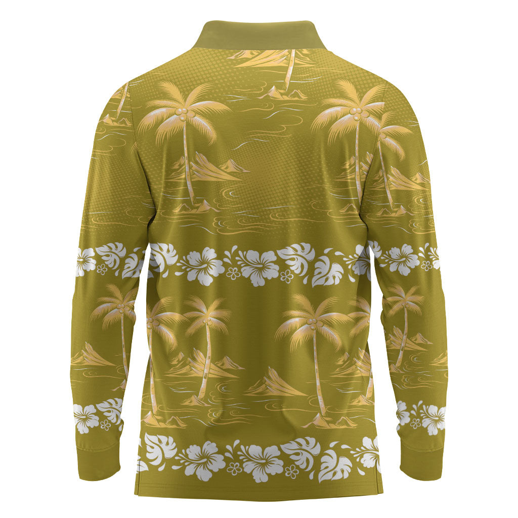 Yellow Hawaii Palm Tree Hibiscus Long Sleeve Polo Shirt Fantasy Summer Vibe