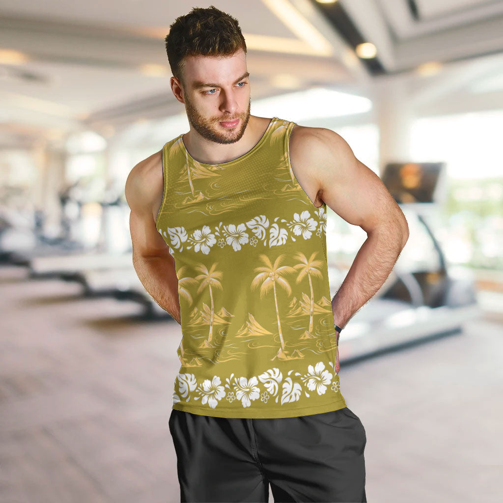 Yellow Hawaii Palm Tree Hibiscus Men Tank Top Fantasy Summer Vibe