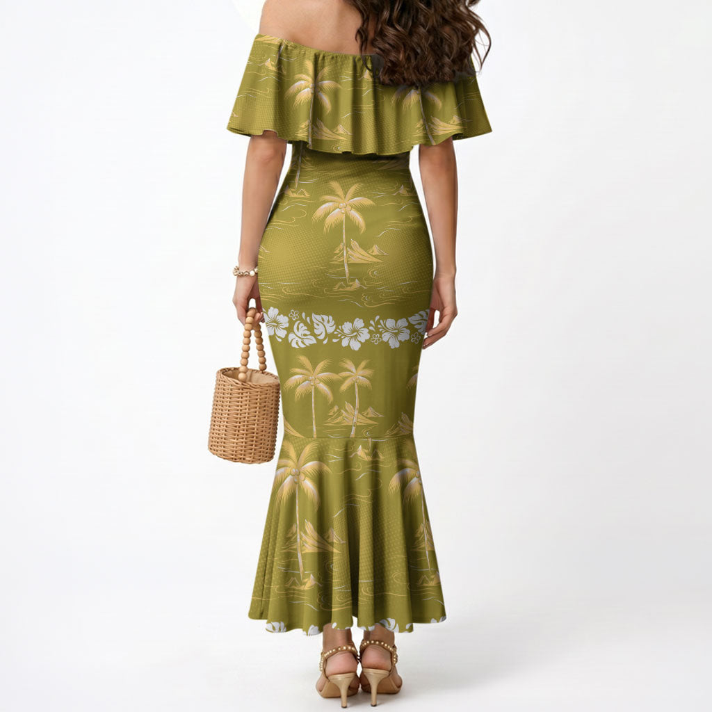 Yellow Hawaii Palm Tree Hibiscus Mermaid Dress Fantasy Summer Vibe