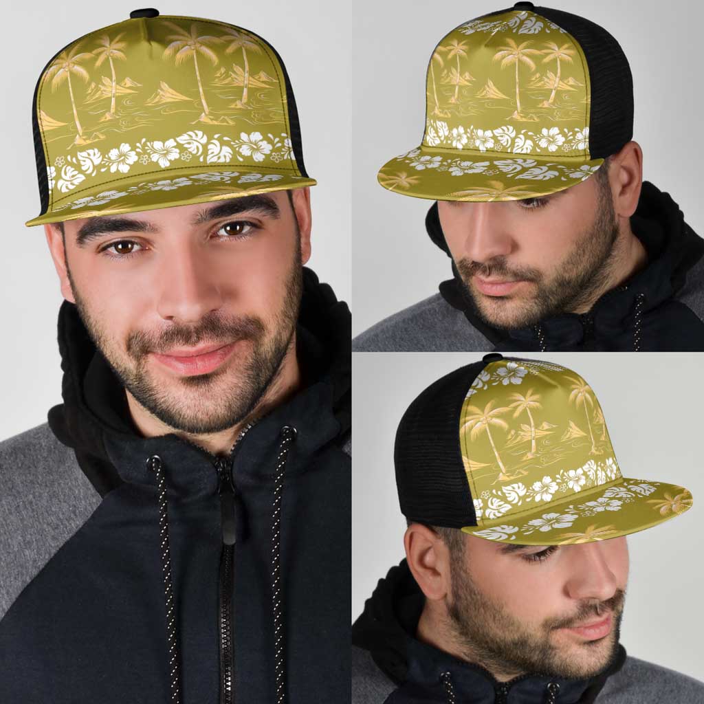 Yellow Hawaii Palm Tree Hibiscus Mesh Trucker Cap Fantasy Summer Vibe