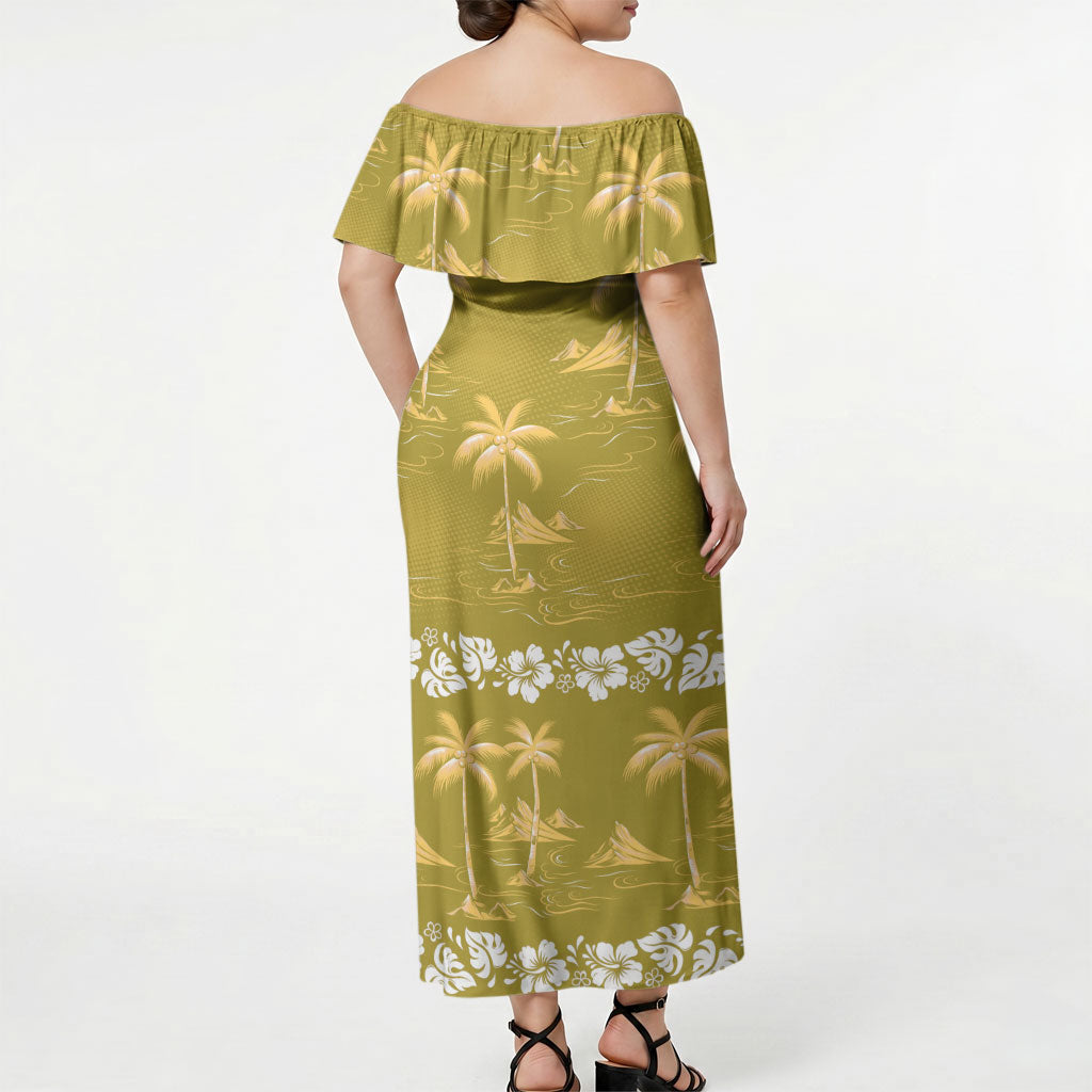 Yellow Hawaii Palm Tree Hibiscus Off Shoulder Maxi Dress Fantasy Summer Vibe