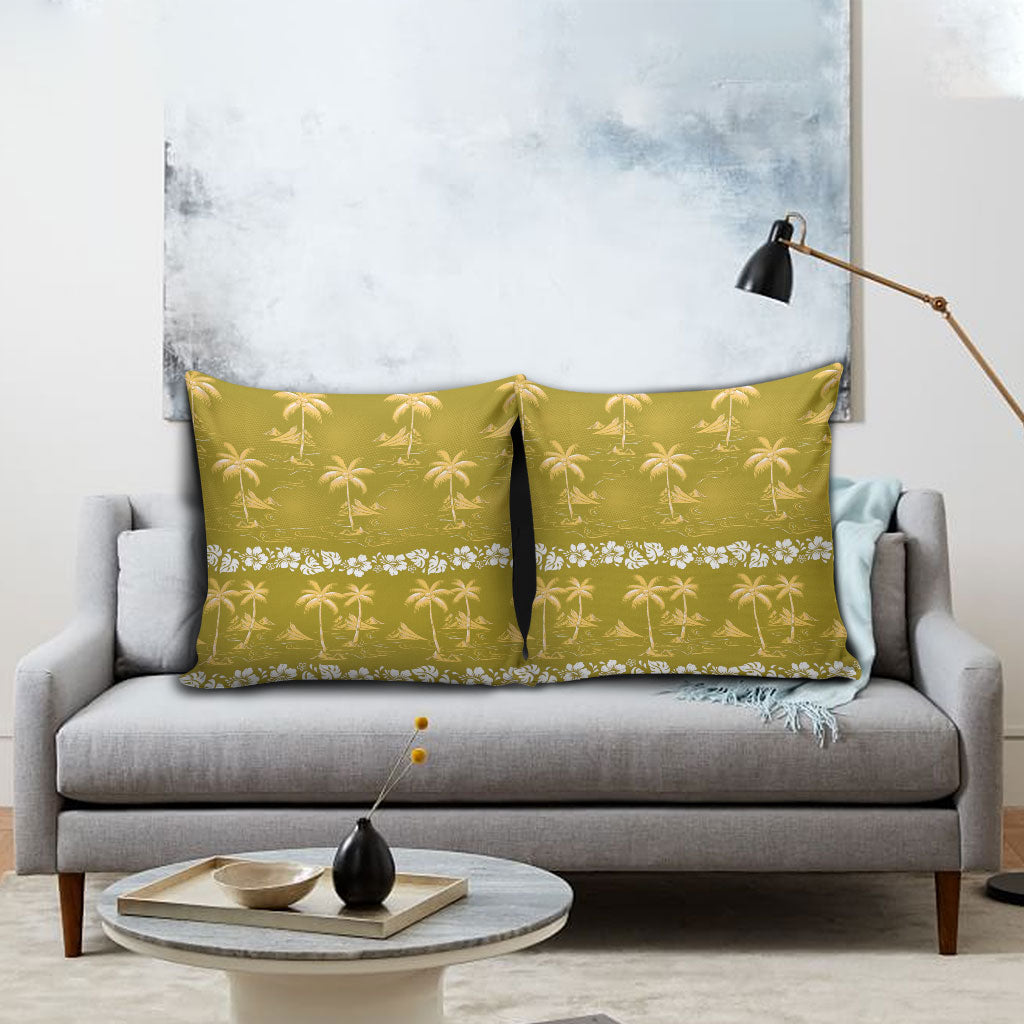 Yellow Hawaii Palm Tree Hibiscus Pillow Cover Fantasy Summer Vibe