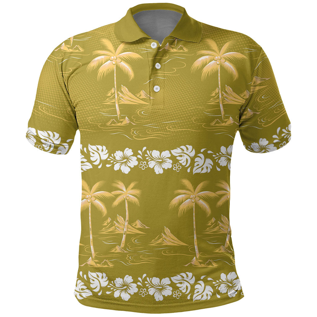 Yellow Hawaii Palm Tree Hibiscus Polo Shirt Fantasy Summer Vibe