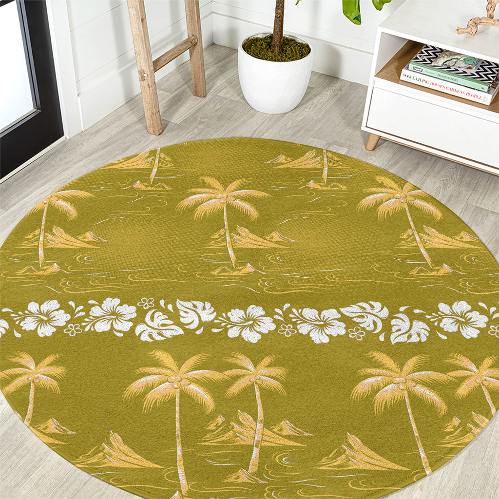 Yellow Hawaii Palm Tree Hibiscus Round Carpet Fantasy Summer Vibe