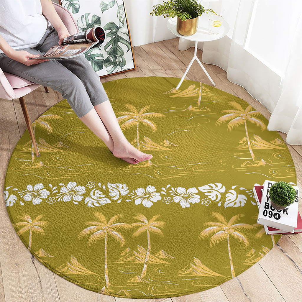 Yellow Hawaii Palm Tree Hibiscus Round Carpet Fantasy Summer Vibe