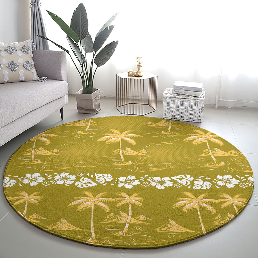 Yellow Hawaii Palm Tree Hibiscus Round Carpet Fantasy Summer Vibe