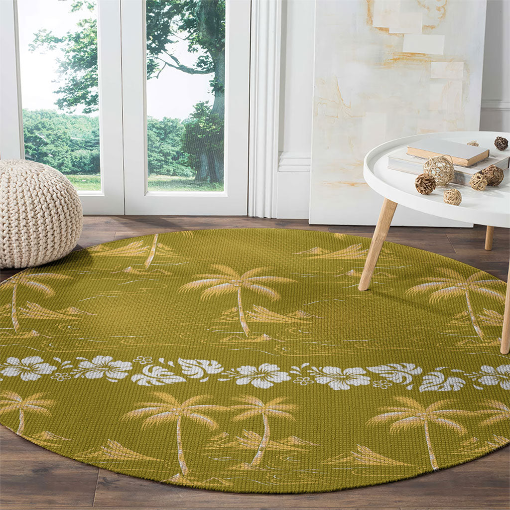 Yellow Hawaii Palm Tree Hibiscus Round Carpet Fantasy Summer Vibe