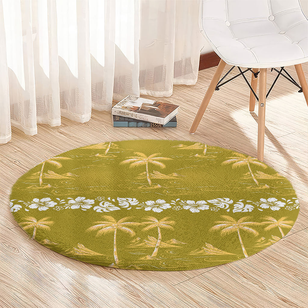 Yellow Hawaii Palm Tree Hibiscus Round Carpet Fantasy Summer Vibe