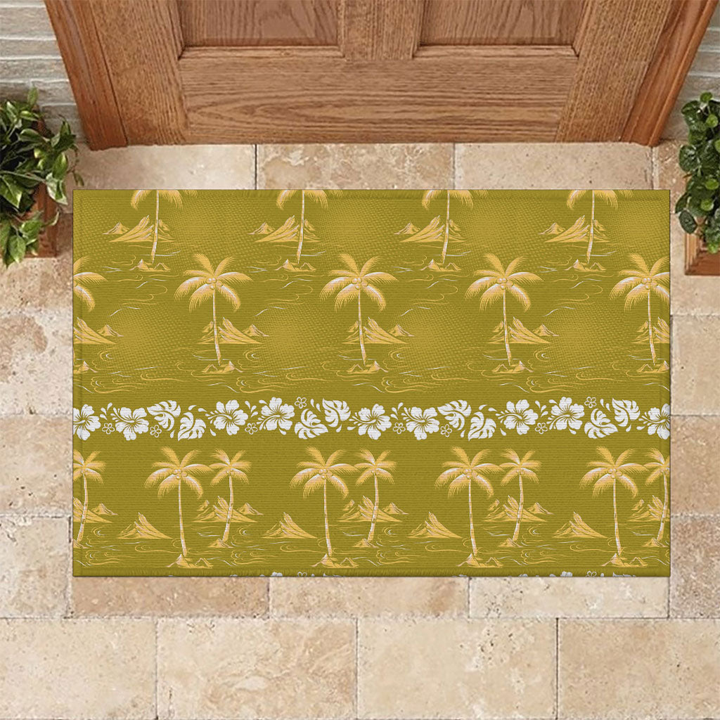 Yellow Hawaii Palm Tree Hibiscus Rubber Doormat Fantasy Summer Vibe