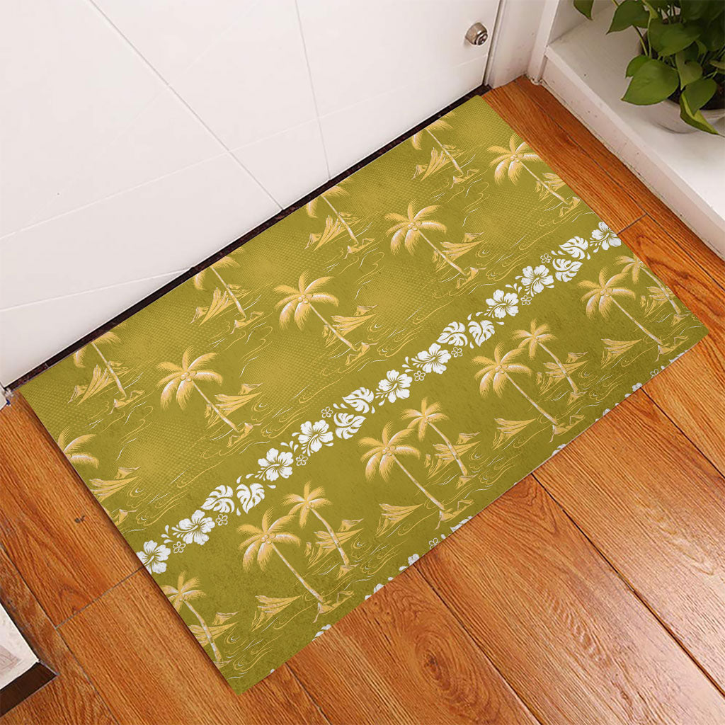 Yellow Hawaii Palm Tree Hibiscus Rubber Doormat Fantasy Summer Vibe