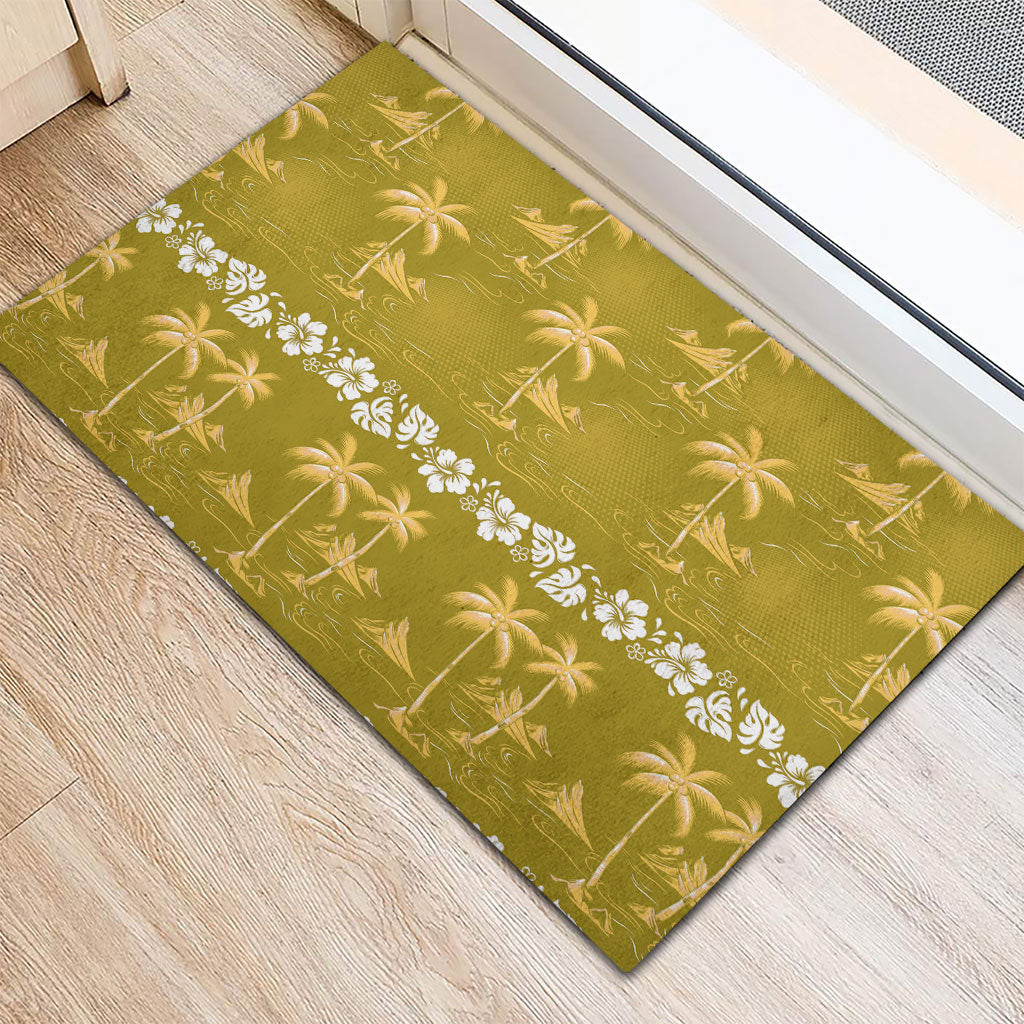 Yellow Hawaii Palm Tree Hibiscus Rubber Doormat Fantasy Summer Vibe