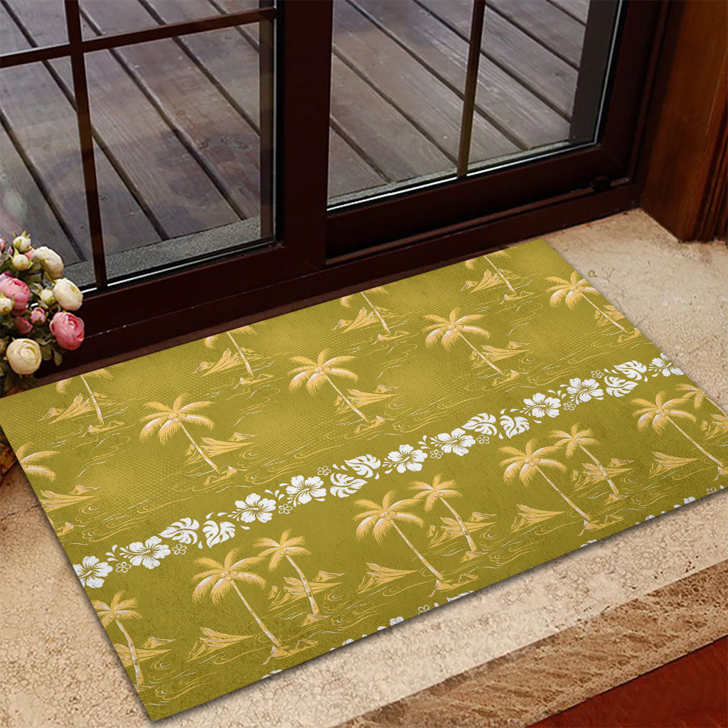 Yellow Hawaii Palm Tree Hibiscus Rubber Doormat Fantasy Summer Vibe