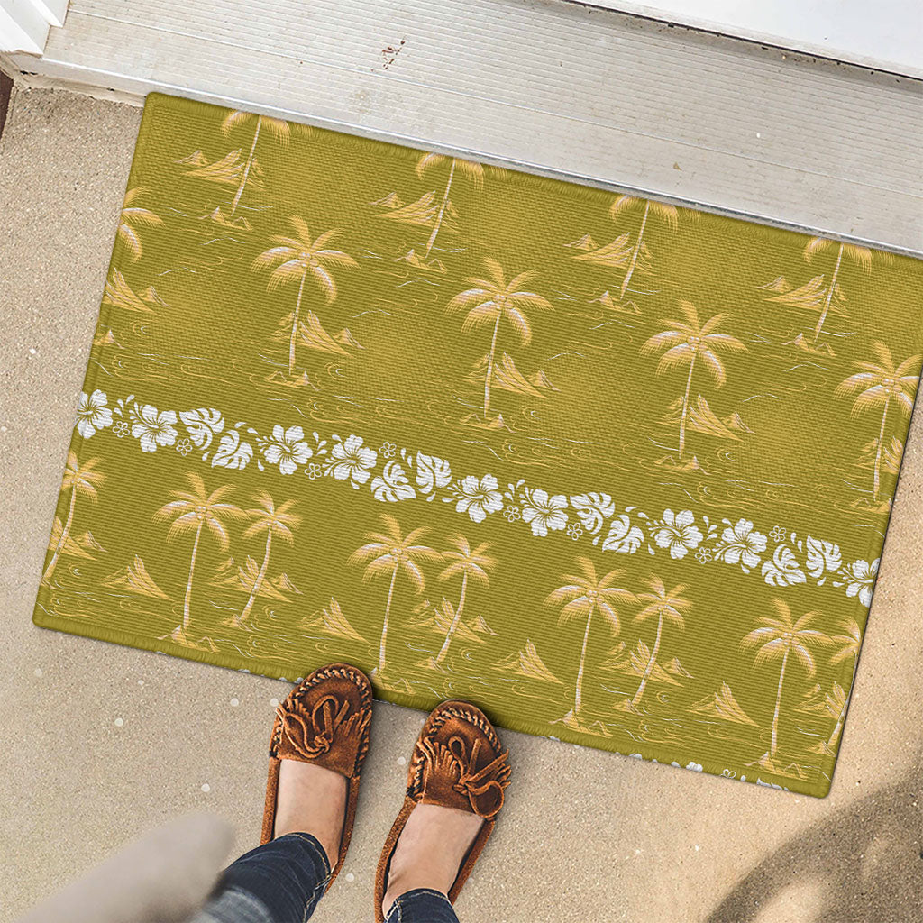 Yellow Hawaii Palm Tree Hibiscus Rubber Doormat Fantasy Summer Vibe
